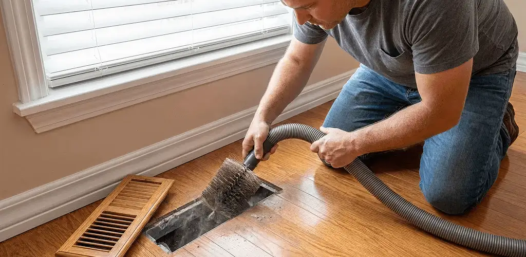 Air duct cleaning technician vacuuming a floor vent and duct opening in San Francisco, CA