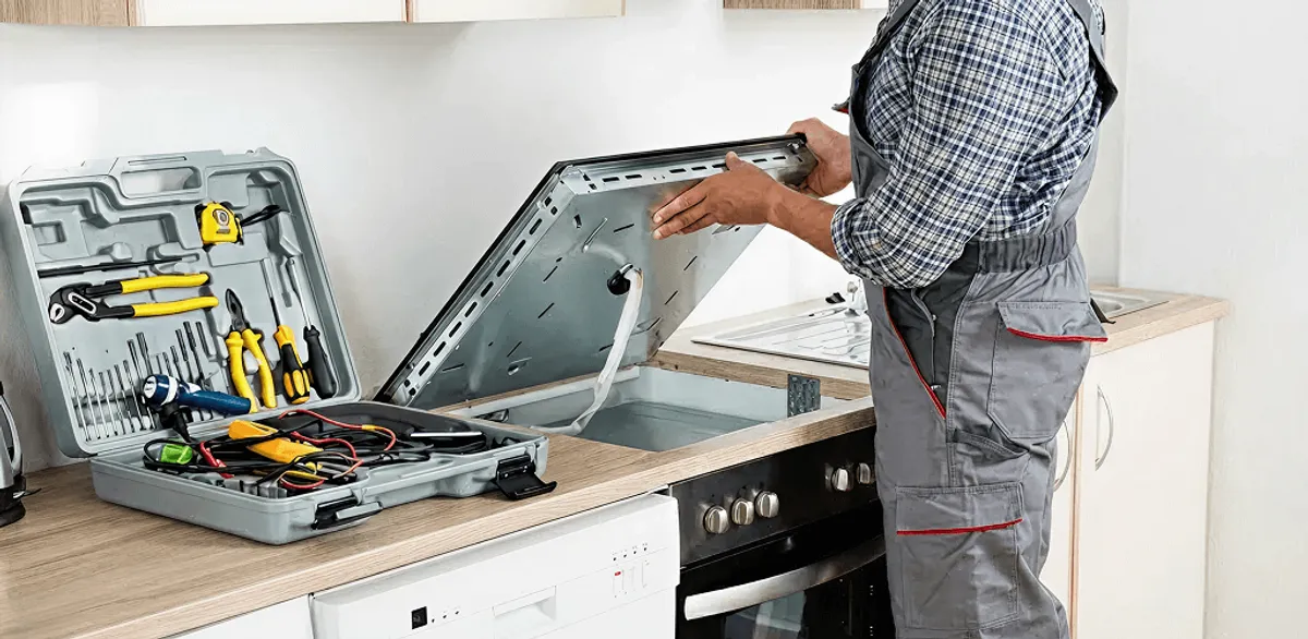 Handyman repairing a cooktop and checking wiring connections in San Francisco, CA