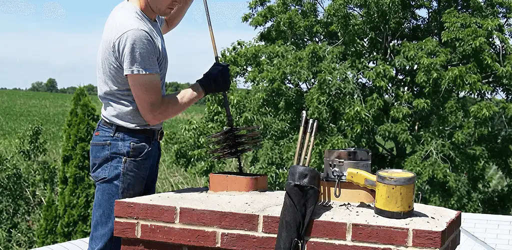 Chimney cleaning technician working on a rooftop chimney with professional tools in San Francisco, CA