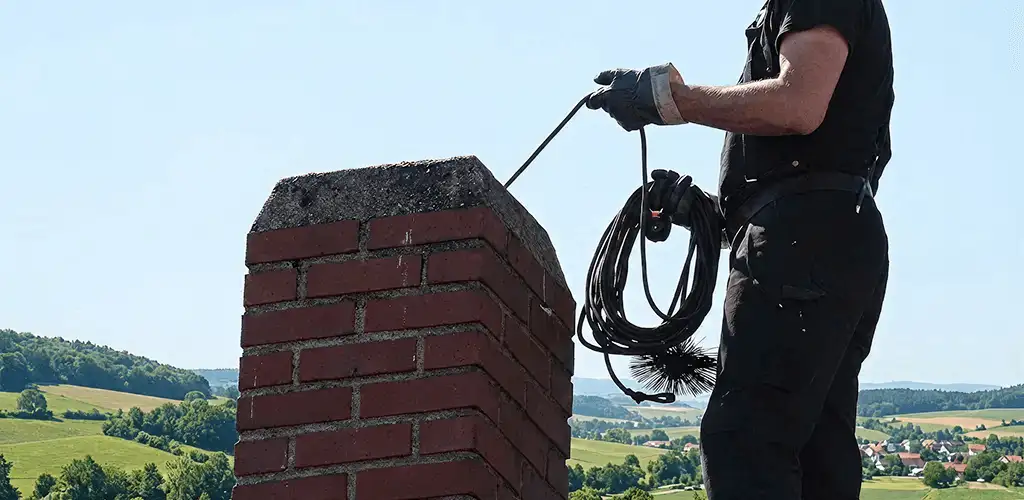 Chimney sweep inspecting and cleaning a rooftop chimney in San Francisco, CA