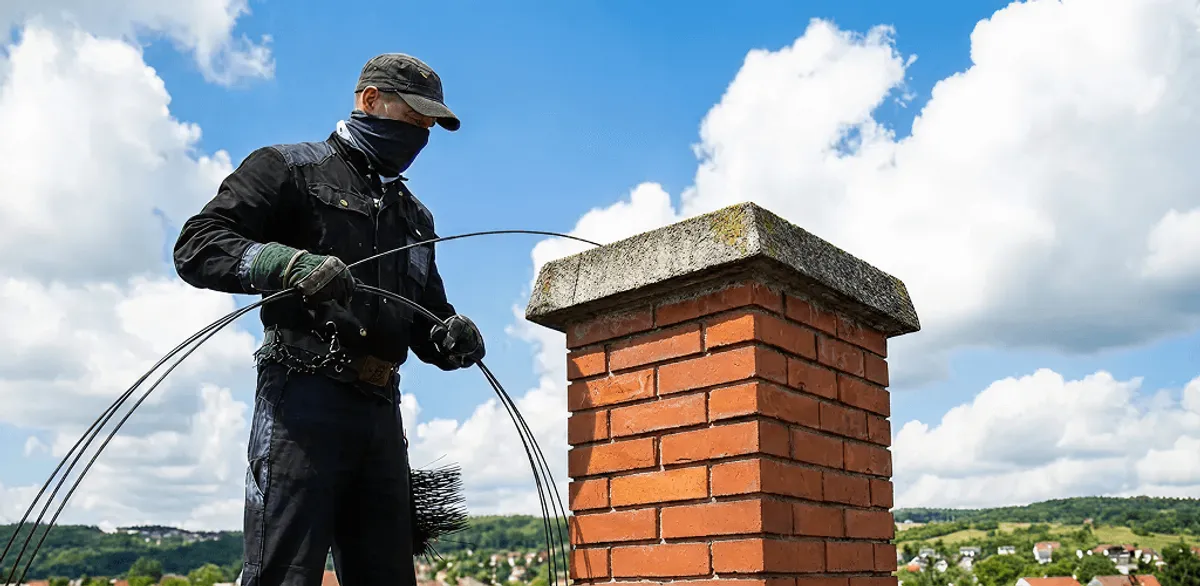 Chimney sweep cleaning a brick chimney with professional tools in San Francisco, CA