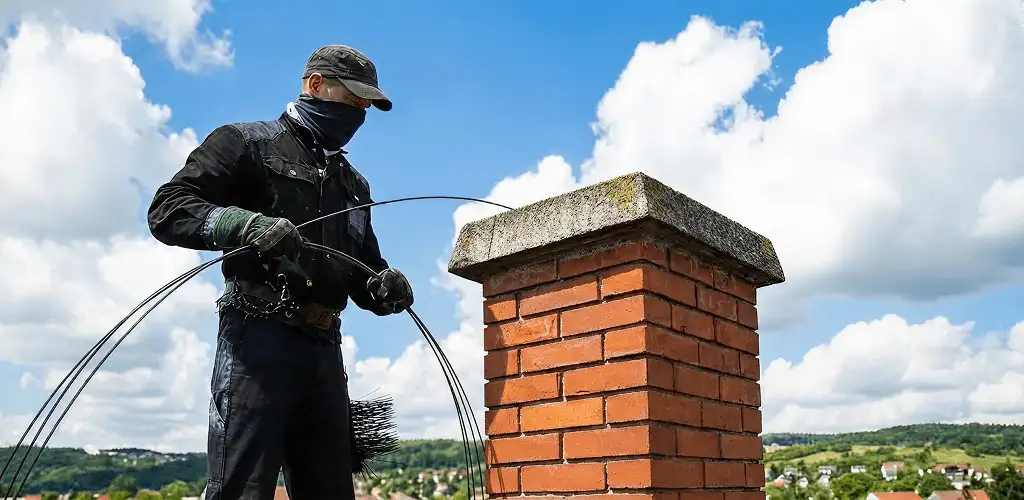 Chimney sweep cleaning a brick chimney with professional tools in San Francisco, CA