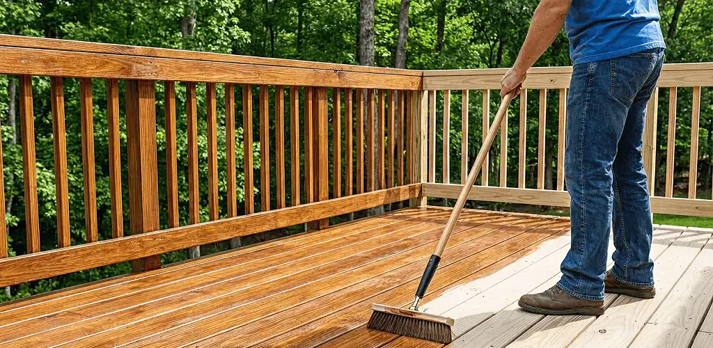 Deck staining and sealing application on a wood deck in San Francisco, CA