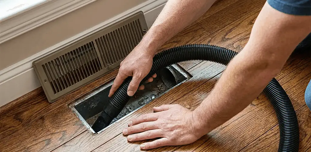 Air duct cleaning technician vacuuming a floor register and duct opening in San Francisco, CA