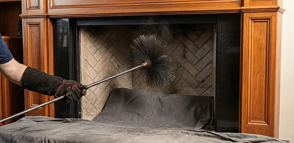 Chimney cleaning service brushing soot from a fireplace and flue in San Francisco, CA