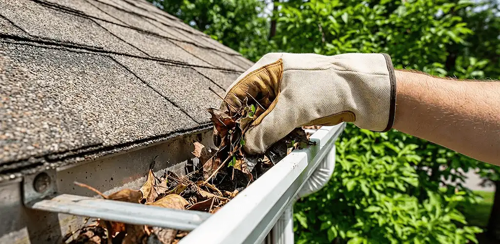 Gutter cleaning removing leaves and debris from roof gutters in San Francisco, CA
