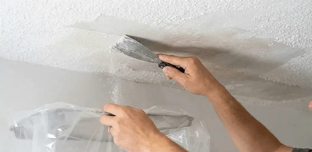 Popcorn ceiling removal technician scraping texture from a ceiling in San Francisco, CA