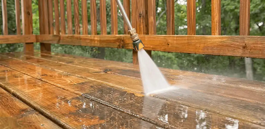 Pressure washing a wood deck to remove dirt and buildup in San Francisco, CA