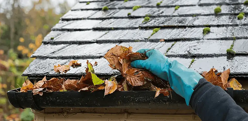 Gutter cleaning technician clearing wet leaves from roof gutters in San Francisco, CA