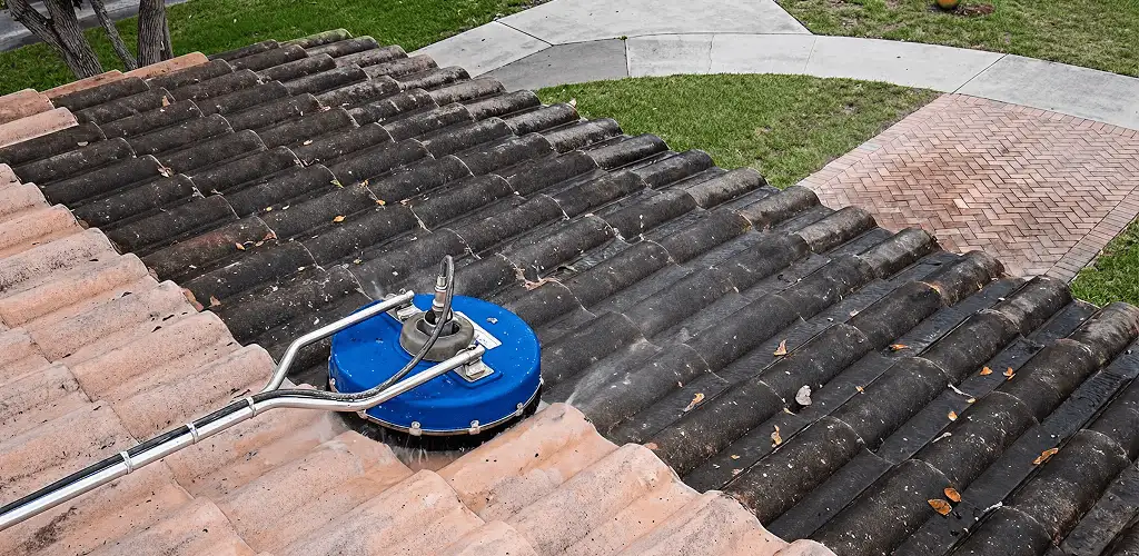 Roof pressure cleaning removing debris and buildup from roof tiles in San Francisco, CA