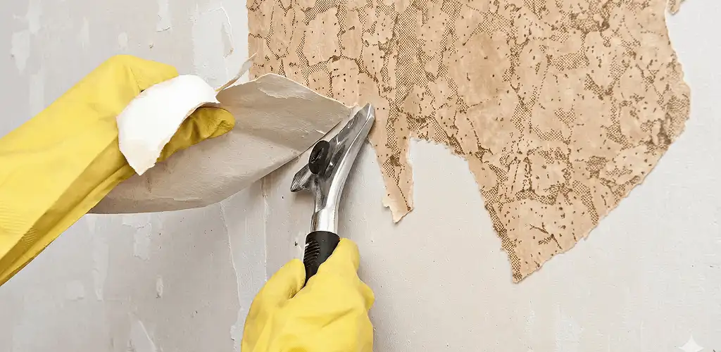 Wallpaper removal service stripping old wallpaper from a wall in San Francisco, CA