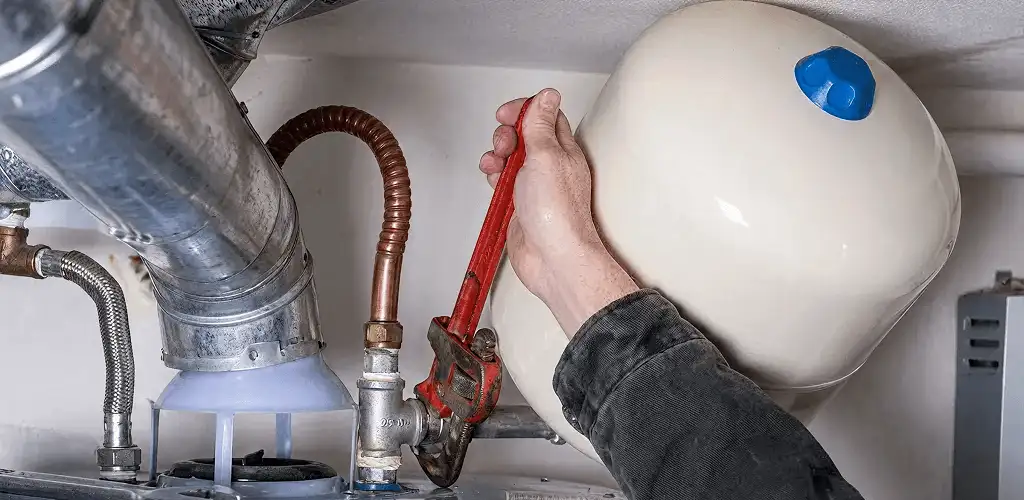 Water heater repair technician tightening plumbing connections near a tank unit in San Francisco, CA